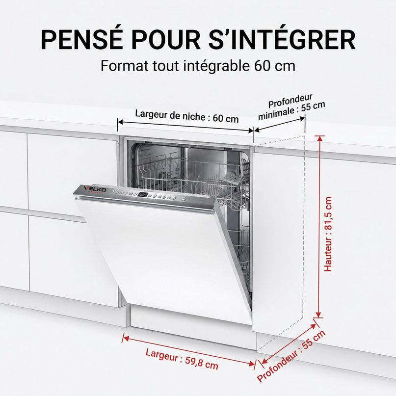Lave-Vaisselle Tout Intégrable VELKO Integra 60 – 60 cm – 6 Programmes – 3 Options – 48 dB – Panier Réglable 3 Hauteurs