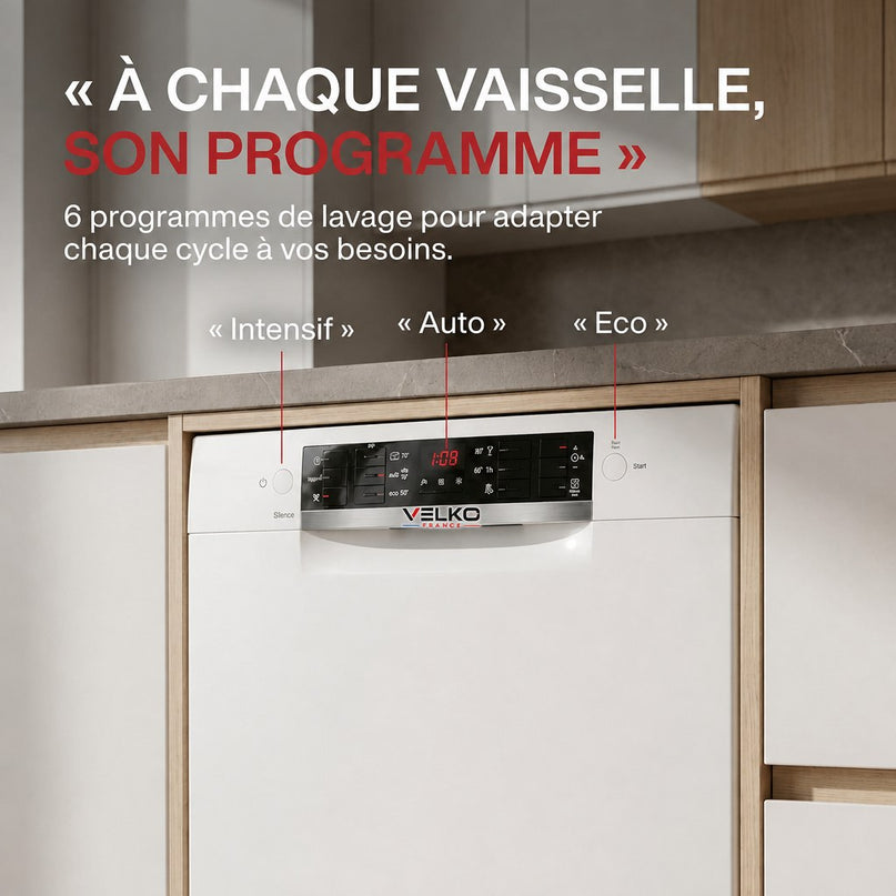Lave-Vaisselle VELKO Clario – 60 cm – 6 Programmes – Séchage Extra – 48 dB – Panier Réglable 3 Niveaux
