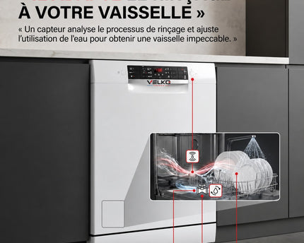 Lave-Vaisselle VELKO Clario – 60 cm – 6 Programmes – Séchage Extra – 48 dB – Panier Réglable 3 Niveaux