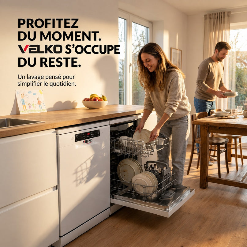 Lave-Vaisselle VELKO Clario – 60 cm – 6 Programmes – Séchage Extra – 48 dB – Panier Réglable 3 Niveaux
