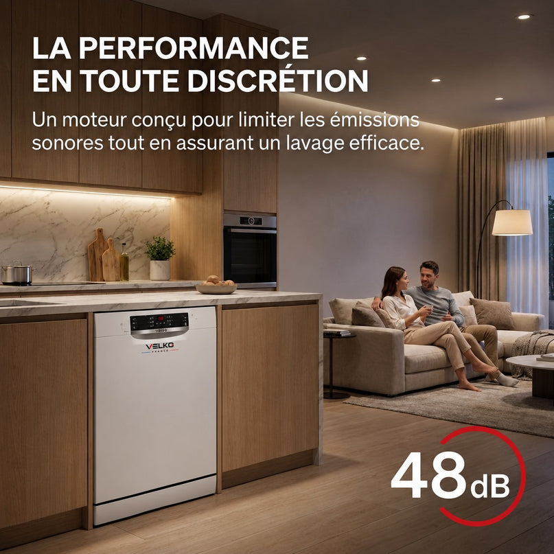 Lave-Vaisselle VELKO Clario – 60 cm – 6 Programmes – Séchage Extra – 48 dB – Panier Réglable 3 Niveaux