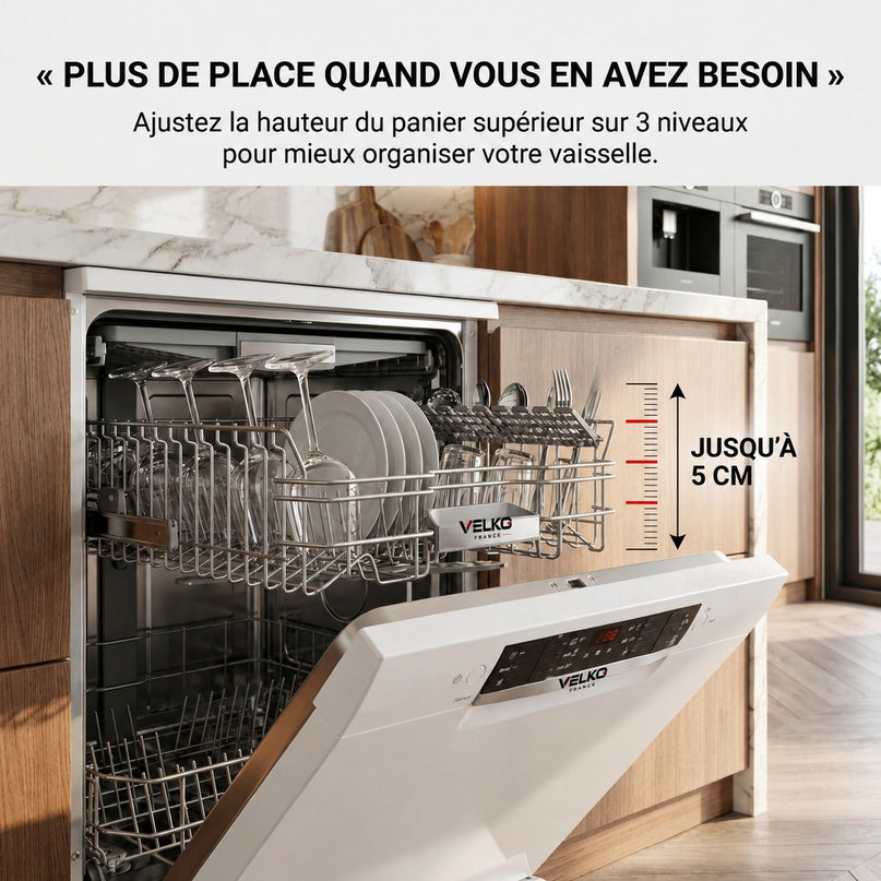 Lave-Vaisselle VELKO Clario – 60 cm – 6 Programmes – Séchage Extra – 48 dB – Panier Réglable 3 Niveaux