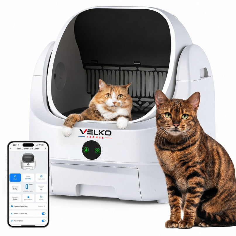 Litière Autonettoyante pour Chats VELKO Alvya 9 – Conception Ouverte – Bac Hermétique 9 L – Application Wi‑Fi & Nettoyage Profond