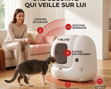 Litière Autonettoyante pour Chats VELKO Elyra 76 – Capacité 76 + 7 L – Application Wi‑Fi – Triple Désodorisation – Sécurité Multicapteurs
