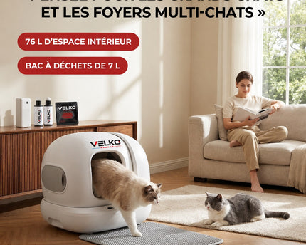 Litière Autonettoyante pour Chats VELKO Elyra 76 – Capacité 76 + 7 L – Application Wi‑Fi – Triple Désodorisation – Sécurité Multicapteurs