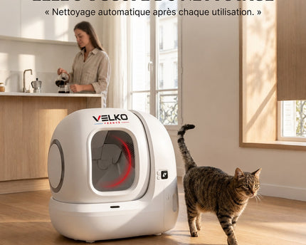 Litière Autonettoyante pour Chats VELKO Elyra 76 – Capacité 76 + 7 L – Application Wi‑Fi – Triple Désodorisation – Sécurité Multicapteurs