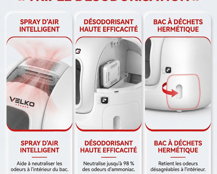 Litière Autonettoyante pour Chats VELKO Elyra 76 – Capacité 76 + 7 L – Application Wi‑Fi – Triple Désodorisation – Sécurité Multicapteurs