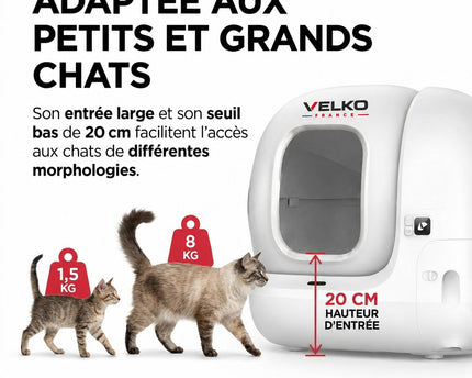 Litière Autonettoyante pour Chats VELKO Elyra 76 – Capacité 76 + 7 L – Application Wi‑Fi – Triple Désodorisation – Sécurité Multicapteurs