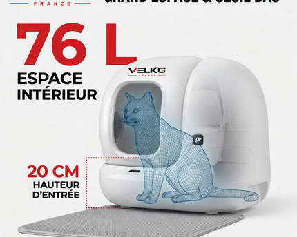 Litière Autonettoyante pour Chats VELKO Elyra 76 – Capacité 76 + 7 L – Application Wi‑Fi – Triple Désodorisation – Sécurité Multicapteurs