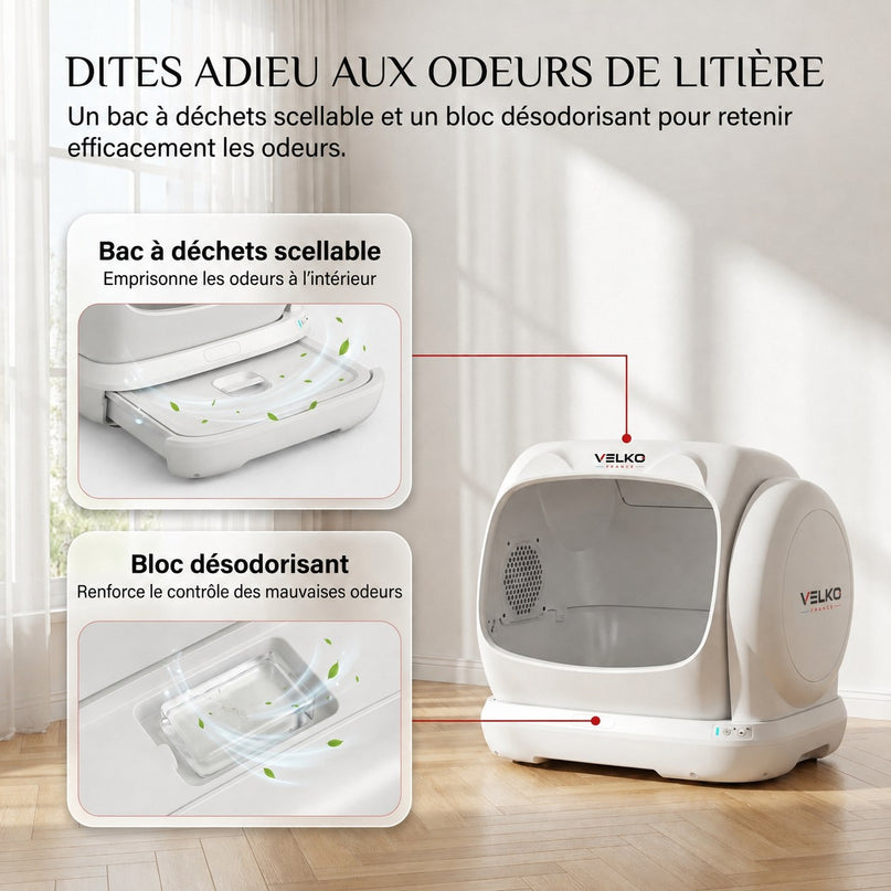 Litière Autonettoyante pour Chats VELKO Felixa 106 – 106 L – Contrôle par Application – Jusqu’à 15 kg