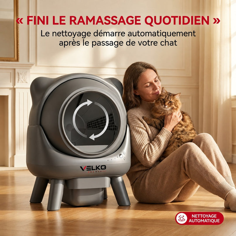 Litière Autonettoyante pour Chats VELKO Nuvia 88 – Capacité 80 + 8 L – Application, Sécurité 10 Niveaux & Élimination des Odeurs