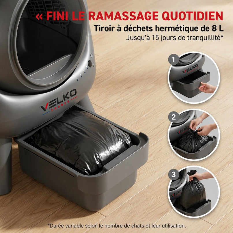Litière Autonettoyante pour Chats VELKO Nuvia 88 – Capacité 80 + 8 L – Application, Sécurité 10 Niveaux & Élimination des Odeurs