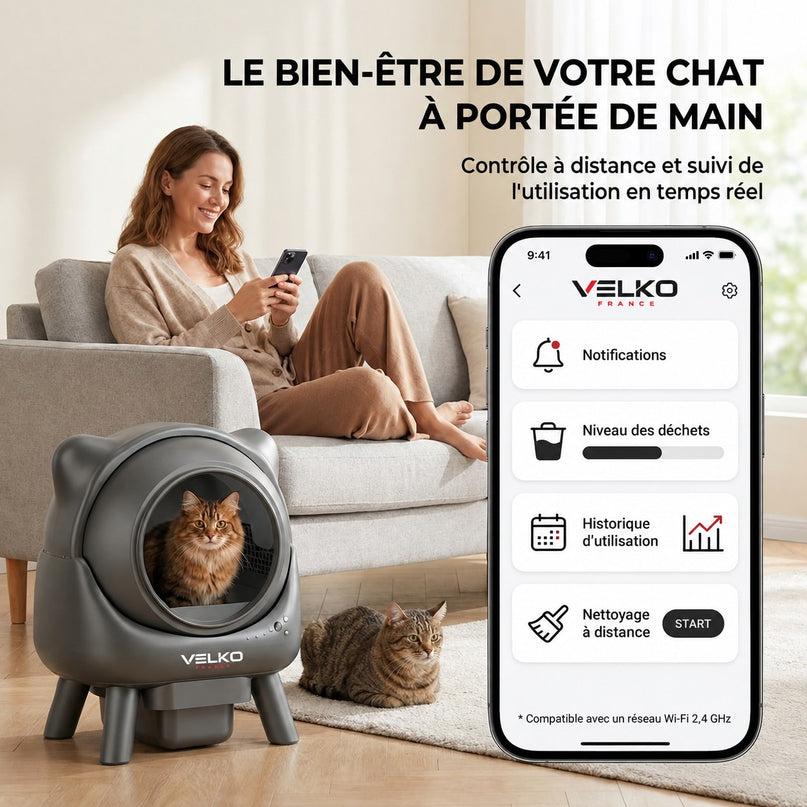 Litière Autonettoyante pour Chats VELKO Nuvia 88 – Capacité 80 + 8 L – Application, Sécurité 10 Niveaux & Élimination des Odeurs
