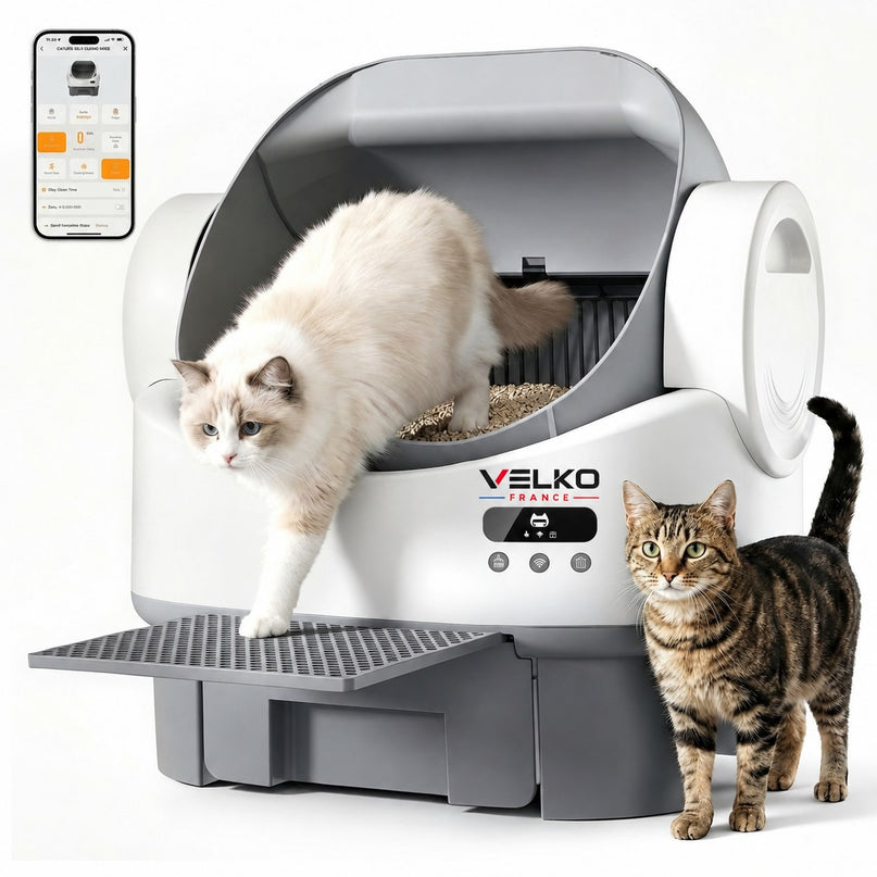 Litière Autonettoyante pour Chats VELKO Selya 12 – Bac 12 L – Application – 6 Capteurs de Sécurité – Conception XXL Ouverte