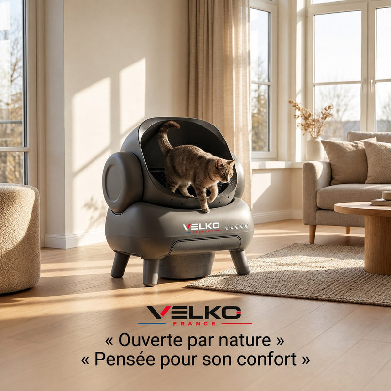 Litière Autonettoyante pour Chats VELKO Serenis 14 – Conception Ouverte, Bac à Déchets 11,23 L, Application Wi‑Fi & 9 Capteurs de Sécurité