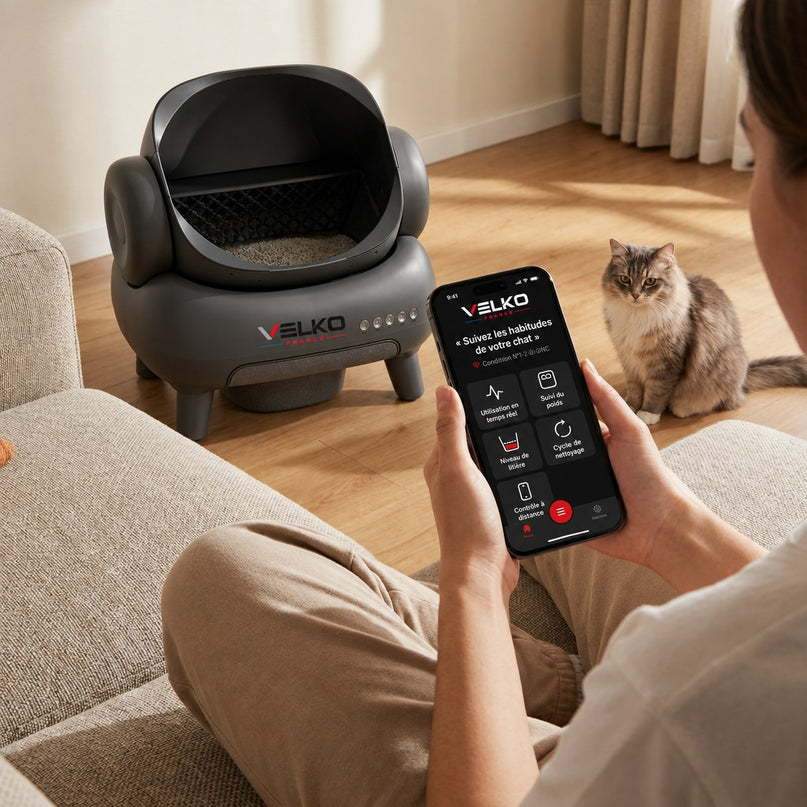 Litière Autonettoyante pour Chats VELKO Serenis 14 – Conception Ouverte, Bac à Déchets 11,23 L, Application Wi‑Fi & 9 Capteurs de Sécurité