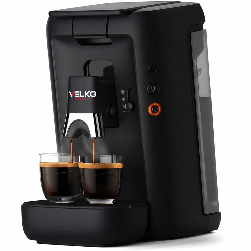 Machine à Café à Dosettes VELKO Duoza – 1 450 W – 3 Styles de Café – 2 Tasses Simultanées – Réservoir 1,2 L