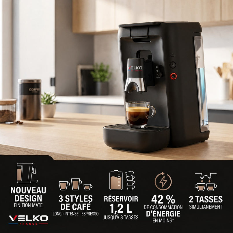 Machine à Café à Dosettes VELKO Duoza – 1 450 W – 3 Styles de Café – 2 Tasses Simultanées – Réservoir 1,2 L