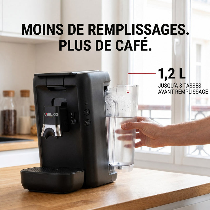 Machine à Café à Dosettes VELKO Duoza – 1 450 W – 3 Styles de Café – 2 Tasses Simultanées – Réservoir 1,2 L