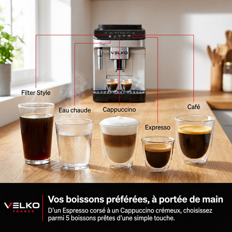 Machine à Café à Grains VELKO Barista – Machine Expresso Automatique 1 450 W – 5 Boissons – Broyeur Intégré – Buse Vapeur – 1,8 L