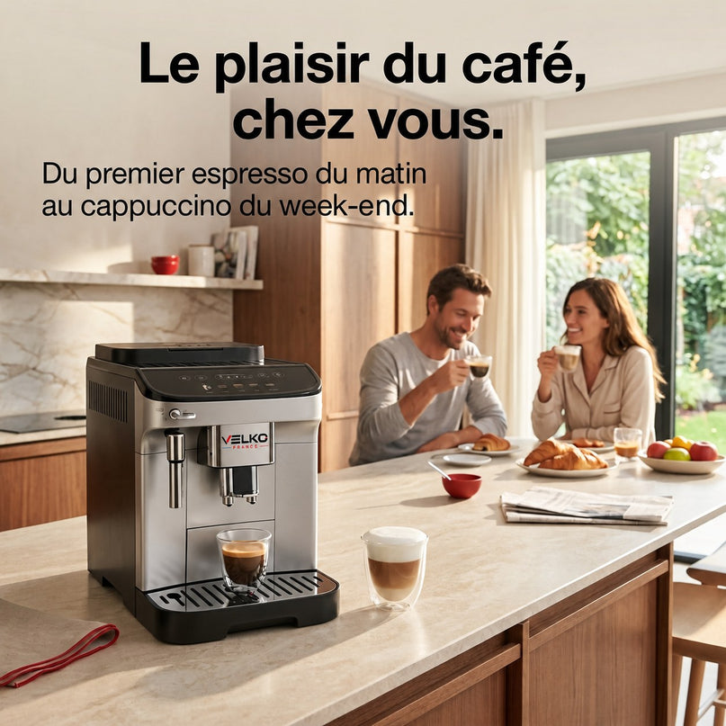 Machine à Café à Grains VELKO Barista – Machine Expresso Automatique 1 450 W – 5 Boissons – Broyeur Intégré – Buse Vapeur – 1,8 L