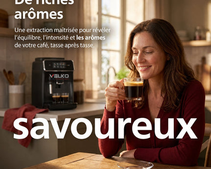 Machine à Café à Grains VELKO Crema – Expresso Broyeur Automatique 1 500 W – 2 Cafés – Écran Tactile – Mousseur à Lait – 1,8 L