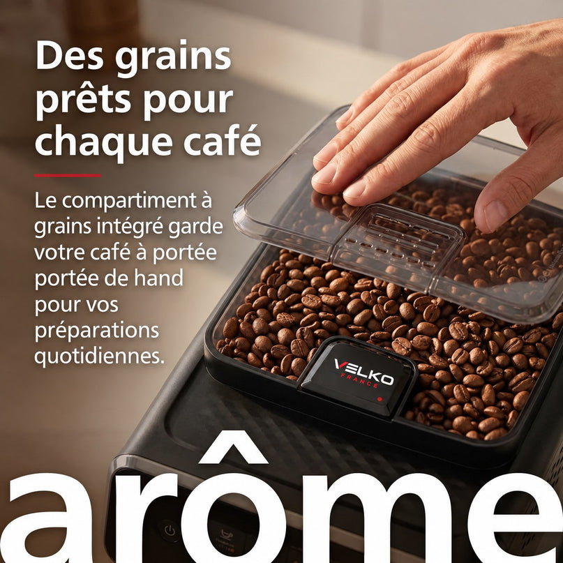 Machine à Café à Grains VELKO Crema – Expresso Broyeur Automatique 1 500 W – 2 Cafés – Écran Tactile – Mousseur à Lait – 1,8 L