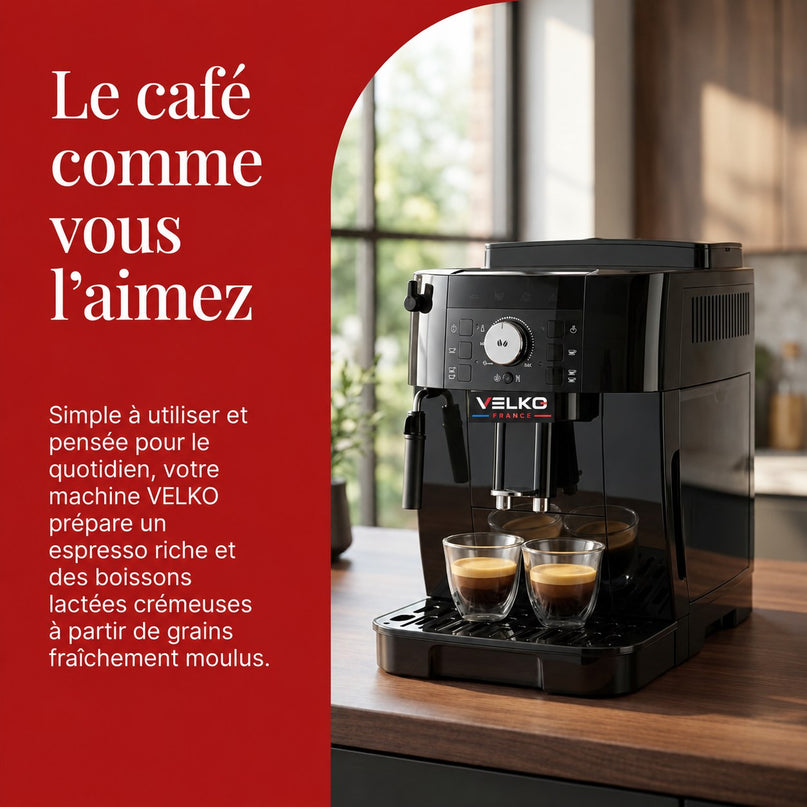 Machine à Café à Grains VELKO Essenza – Expresso Broyeur Automatique 1 450 W – 2 Cafés – Buse Vapeur – Broyeur 13 Réglages