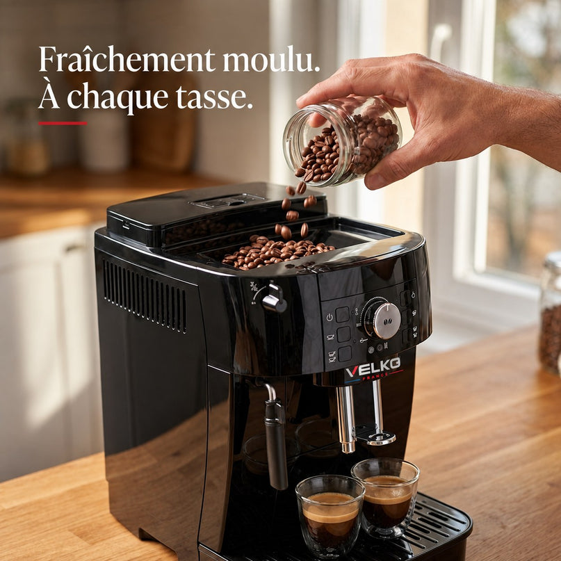 Machine à Café à Grains VELKO Essenza – Expresso Broyeur Automatique 1 450 W – 2 Cafés – Buse Vapeur – Broyeur 13 Réglages
