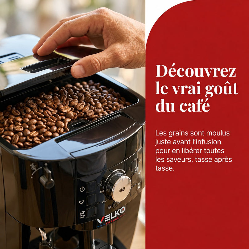 Machine à Café à Grains VELKO Essenza – Expresso Broyeur Automatique 1 450 W – 2 Cafés – Buse Vapeur – Broyeur 13 Réglages
