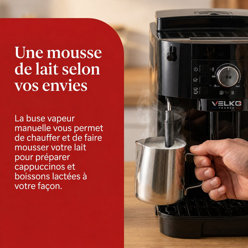 Machine à Café à Grains VELKO Essenza – Expresso Broyeur Automatique 1 450 W – 2 Cafés – Buse Vapeur – Broyeur 13 Réglages
