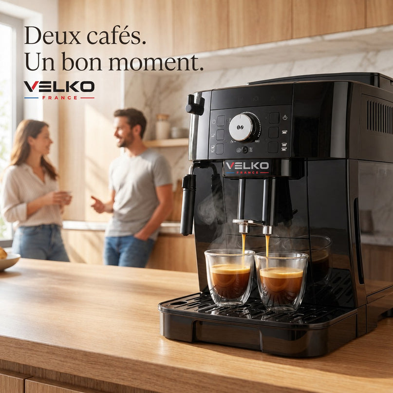Machine à Café à Grains VELKO Essenza – Expresso Broyeur Automatique 1 450 W – 2 Cafés – Buse Vapeur – Broyeur 13 Réglages