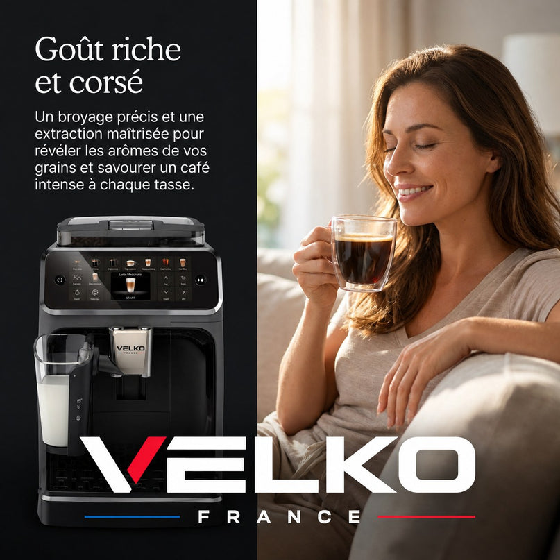 Machine à Café à Grains VELKO Prestigio – Expresso Broyeur Automatique 1 500 W – 20 Boissons Chaudes & Glacées – Carafe à Lait – 4 Profils – 1,8 L