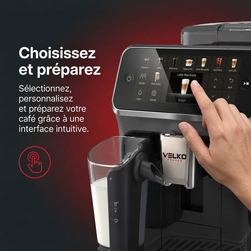 Machine à Café à Grains VELKO Prestigio – Expresso Broyeur Automatique 1 500 W – 20 Boissons Chaudes & Glacées – Carafe à Lait – 4 Profils – 1,8 L