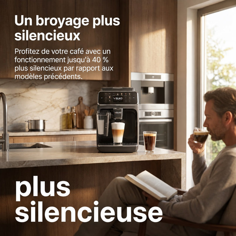 Machine à Café à Grains VELKO Prestigio – Expresso Broyeur Automatique 1 500 W – 20 Boissons Chaudes & Glacées – Carafe à Lait – 4 Profils – 1,8 L
