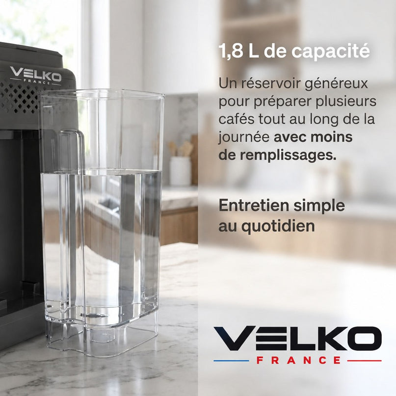 Machine à Café à Grains VELKO Prestigio – Expresso Broyeur Automatique 1 500 W – 20 Boissons Chaudes & Glacées – Carafe à Lait – 4 Profils – 1,8 L