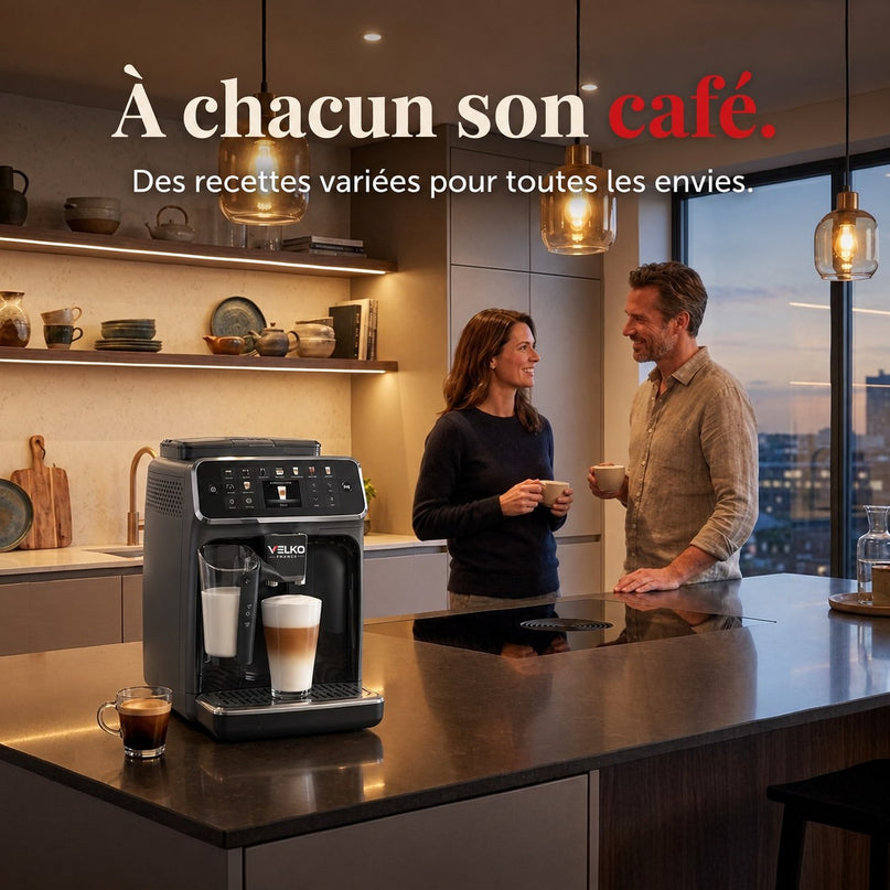 Machine à Café à Grains VELKO Prestigio – Expresso Broyeur Automatique 1 500 W – 20 Boissons Chaudes & Glacées – Carafe à Lait – 4 Profils – 1,8 L
