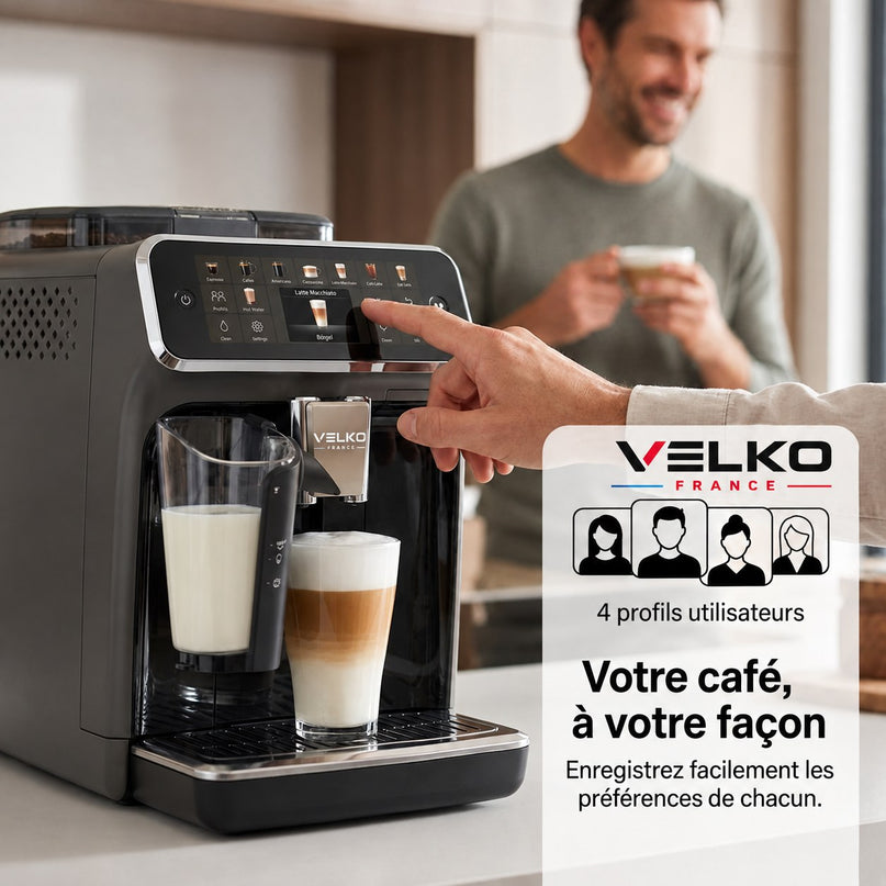 Machine à Café à Grains VELKO Prestigio – Expresso Broyeur Automatique 1 500 W – 20 Boissons Chaudes & Glacées – Carafe à Lait – 4 Profils – 1,8 L