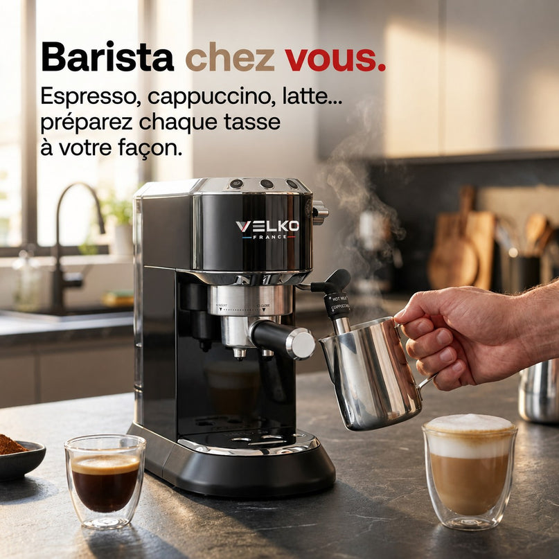 Machine à Expresso VELKO Velora – 15 Bar – 1 350 W – Buse Vapeur – Café Moulu & Dosettes ESE – Réservoir 1 L