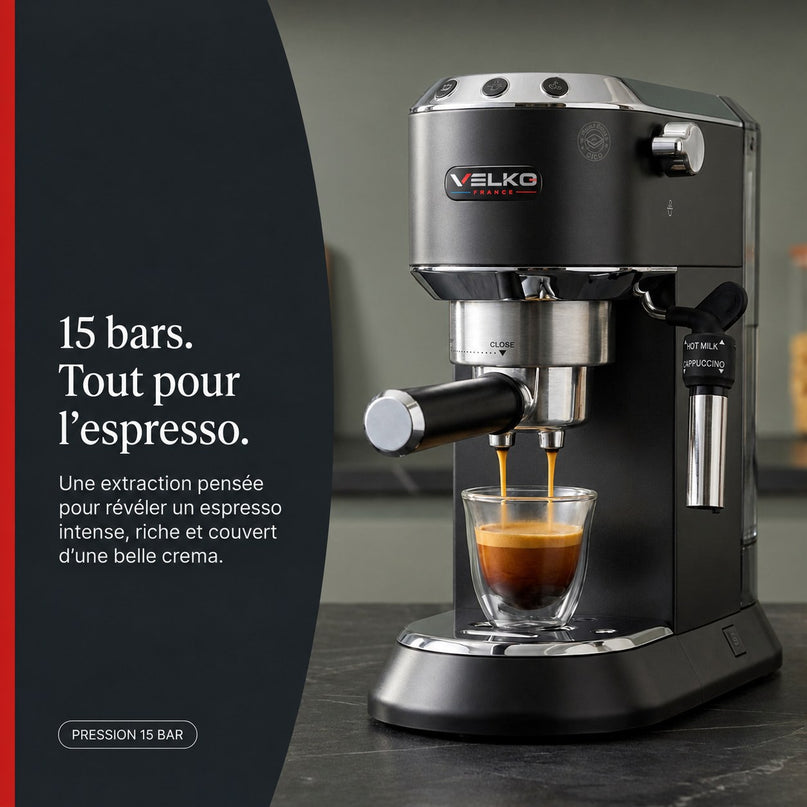 Machine à Expresso VELKO Velora – 15 Bar – 1 350 W – Buse Vapeur – Café Moulu & Dosettes ESE – Réservoir 1 L