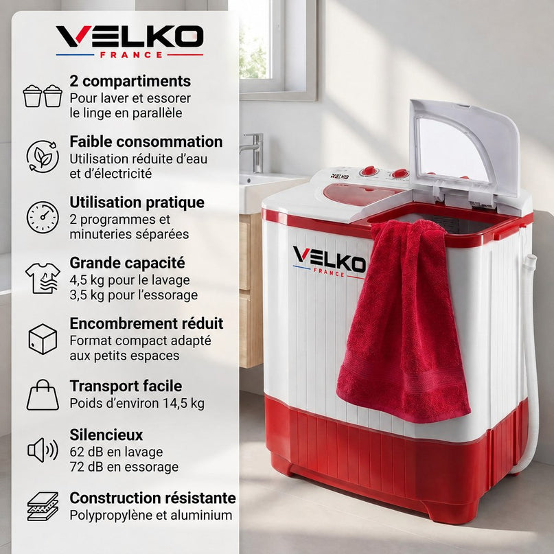 Mini Lave-Linge VELKO Nomad 4.5 – Machine à Laver Portable 4,5 kg – Essorage 3,5 kg – 2 Compartiments – 1320 tr/min