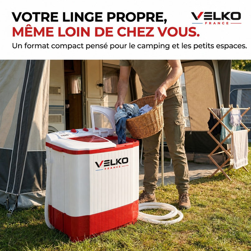 Mini Lave-Linge VELKO Nomad 4.5 – Machine à Laver Portable 4,5 kg – Essorage 3,5 kg – 2 Compartiments – 1320 tr/min
