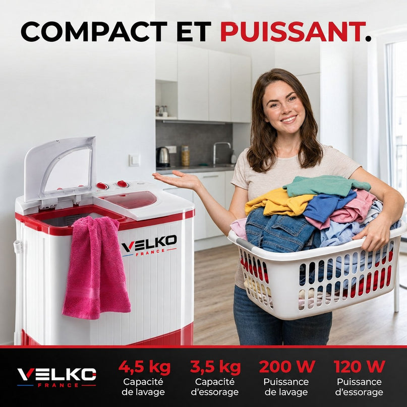 Mini Lave-Linge VELKO Nomad 4.5 – Machine à Laver Portable 4,5 kg – Essorage 3,5 kg – 2 Compartiments – 1320 tr/min