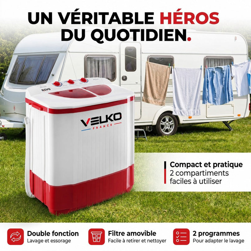 Mini Lave-Linge VELKO Nomad 4.5 – Machine à Laver Portable 4,5 kg – Essorage 3,5 kg – 2 Compartiments – 1320 tr/min