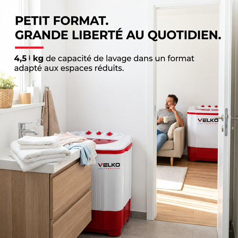 Mini Lave-Linge VELKO Nomad 4.5 – Machine à Laver Portable 4,5 kg – Essorage 3,5 kg – 2 Compartiments – 1320 tr/min