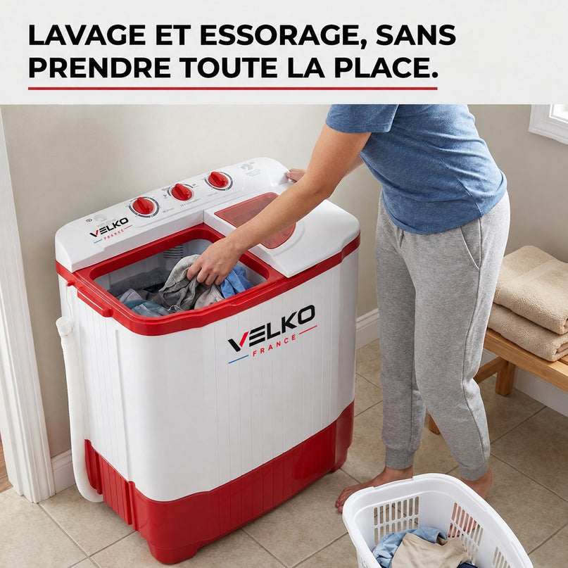 Mini Lave-Linge VELKO Nomad 4.5 – Machine à Laver Portable 4,5 kg – Essorage 3,5 kg – 2 Compartiments – 1320 tr/min