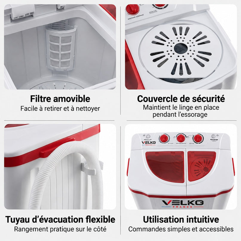 Mini Lave-Linge VELKO Nomad 4.5 – Machine à Laver Portable 4,5 kg – Essorage 3,5 kg – 2 Compartiments – 1320 tr/min