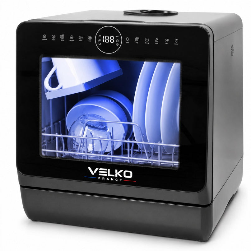 Mini Lave-Vaisselle VELKO Miniova – Lave-Vaisselle de Comptoir Compact – Réservoir 5 L – Cycle Rapide 29 min – Séchage – 52,3 dB – Noir