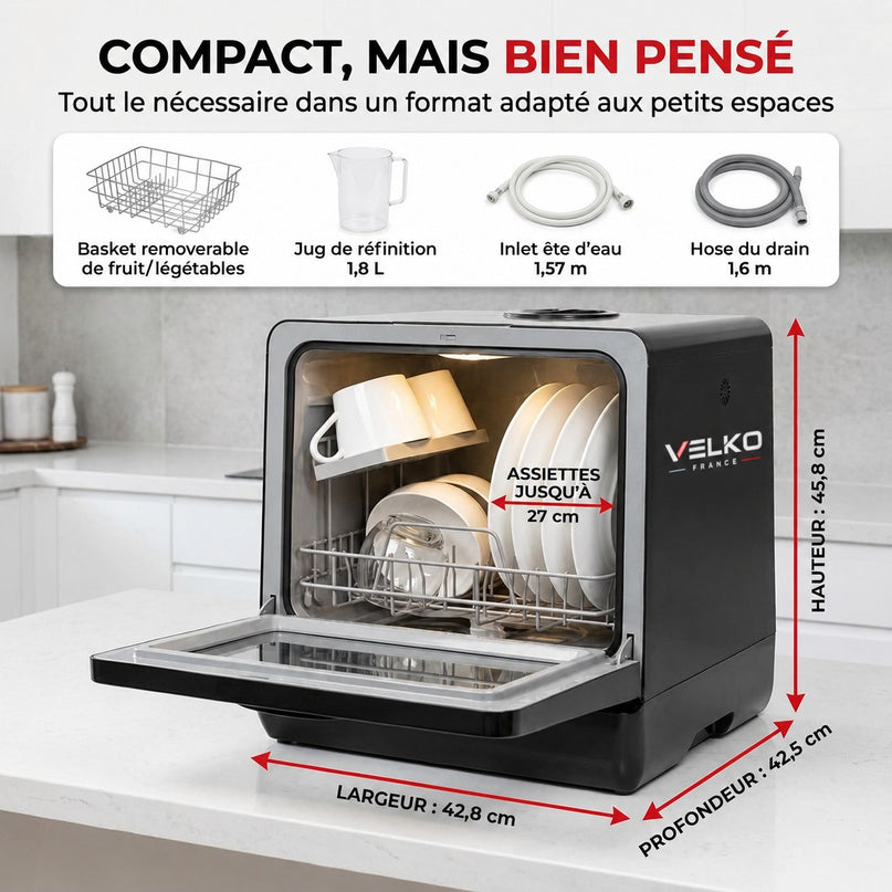 Mini Lave-Vaisselle VELKO Miniova – Lave-Vaisselle de Comptoir Compact – Réservoir 5 L – Cycle Rapide 29 min – Séchage – 52,3 dB – Noir
