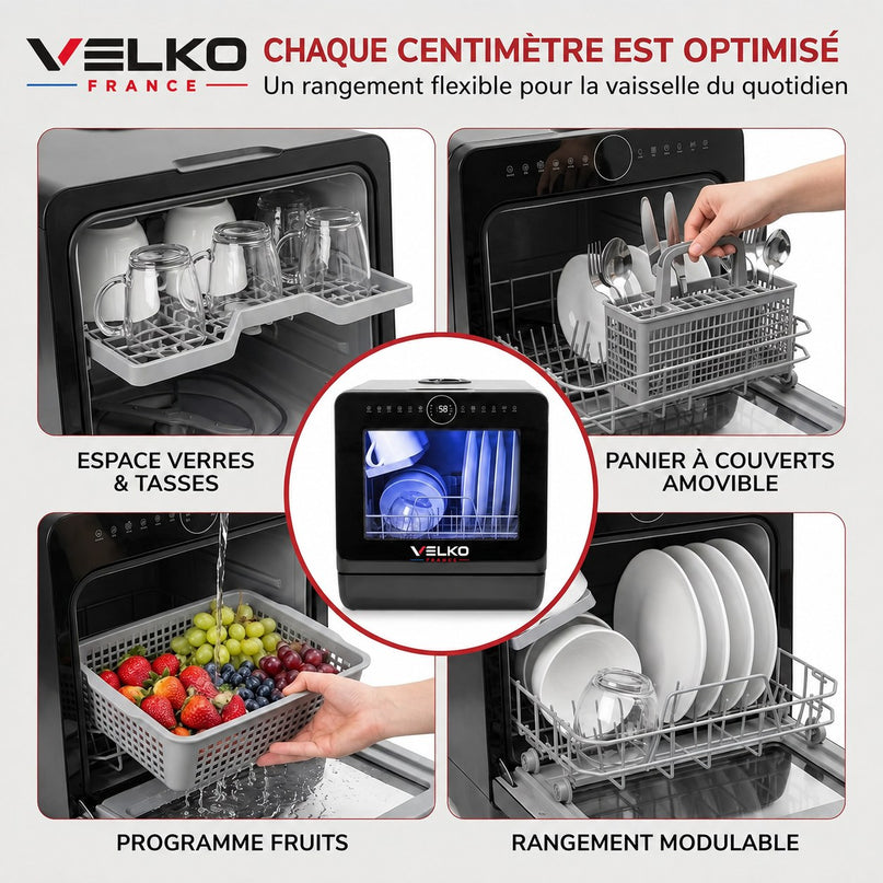Mini Lave-Vaisselle VELKO Miniova – Lave-Vaisselle de Comptoir Compact – Réservoir 5 L – Cycle Rapide 29 min – Séchage – 52,3 dB – Noir